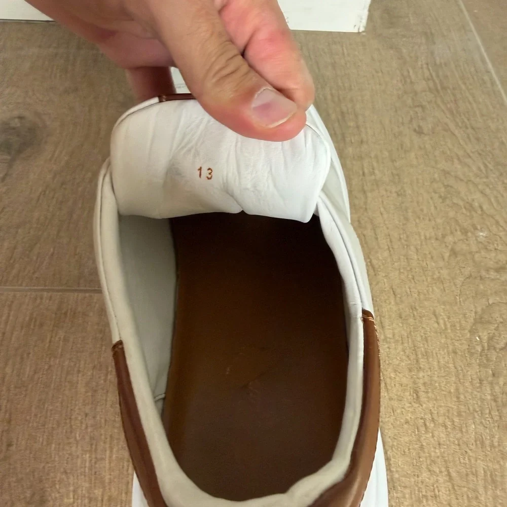 White Leather Low-Top Sneakers with Brown Leather Accents - Picture 8 of 11